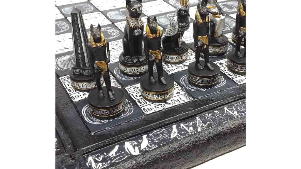 Egyptian Chess Sets Black Silver and Gold Men with 16" Hieroglyphic Board
