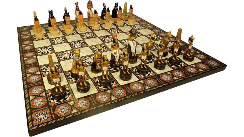 Egyptian Chess Sets Anubis Buff and Gold Men with 17 inch Mosaic Color Board