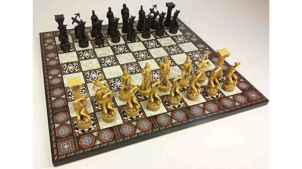 Greek Roman Mythology Gods Chess Set w 17 Mosaic Color Board
