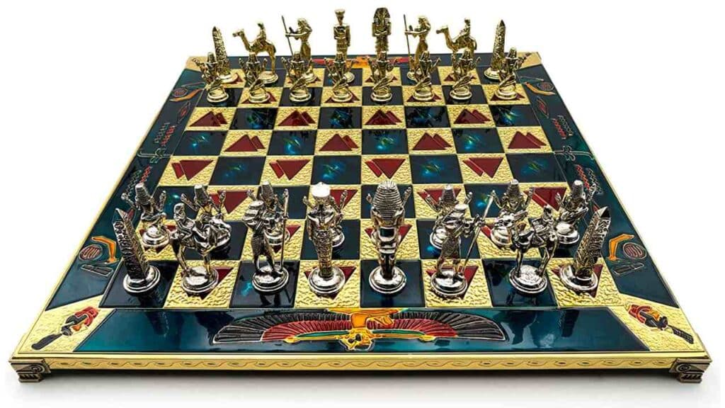 Handmade Metal Egyptian Chess Sets in Wooden Box