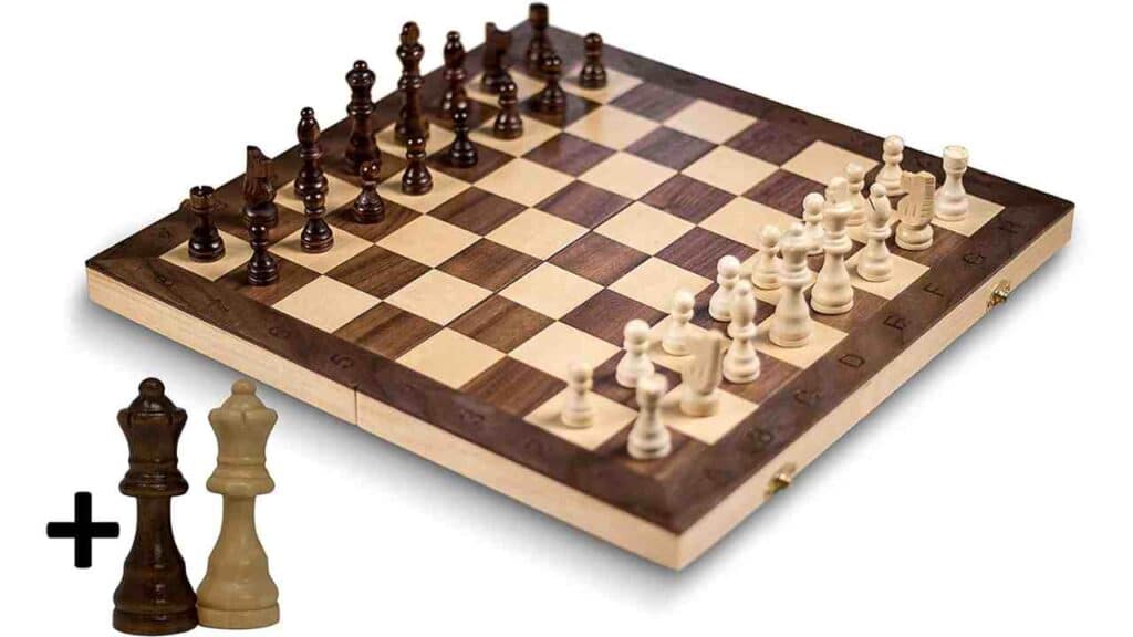 Smart Tactics 16" Folding Chess Set with Extra Queens Made of Wood - Minimalist Chess Set